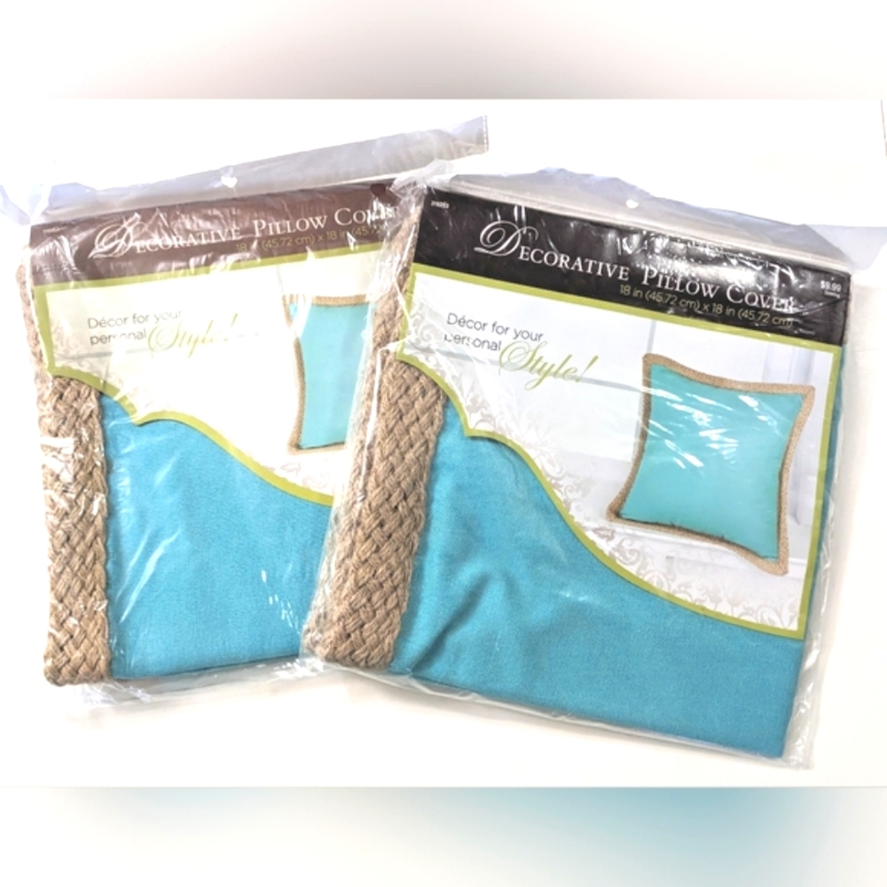 Decorative Pillow Covers (2), Jute trim and zipper back, Blue, 18x18.